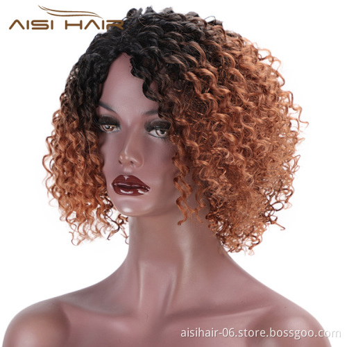 Aisi Hair Ombre Brown Kinky Curly Short Wigs Heat Resistant Synthetic Fiber Afro Curly Short Bob Wigs for Women